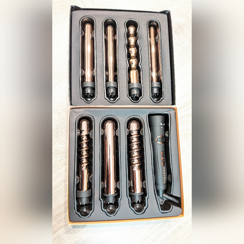 NIB FoxyBae 7 in 1 Barells Rose Gold Titanium Interchangeable Curling Wand Set